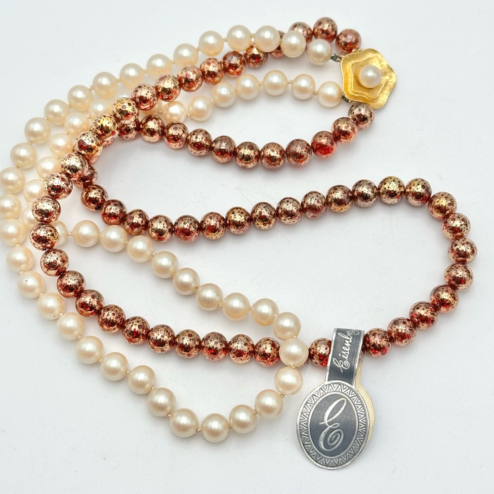 Vintage Eisenberg Faux Pearl Iridescent Bronze Double Strand Bead Necklace NWT